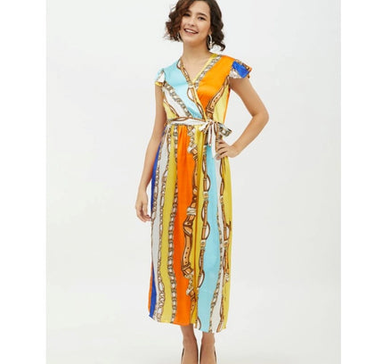 Women's Satin Chain Print Cap Sleeve Calf-length Dress (Multicolor)