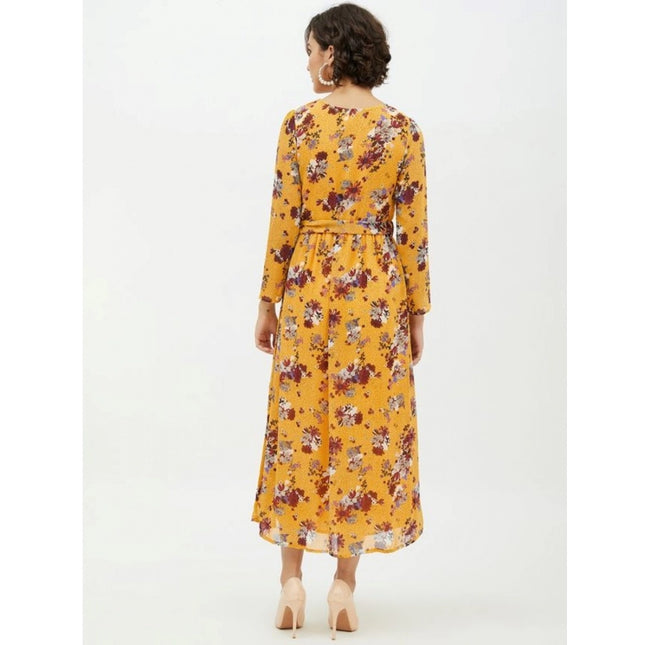 Women's Polyester Floral Long Sleeves Calf-length Dress (Multicolor)