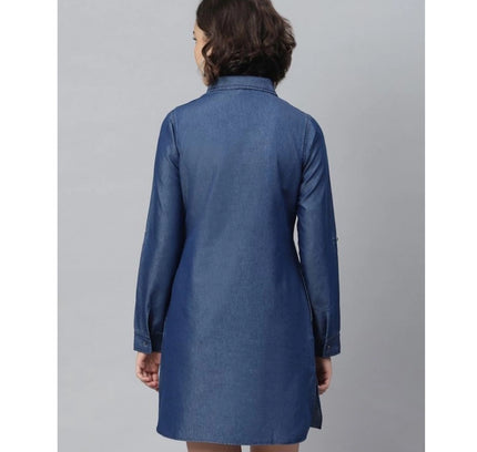Women's Denim Solid Long Sleeves Above Knee Dress (Navy Blue)