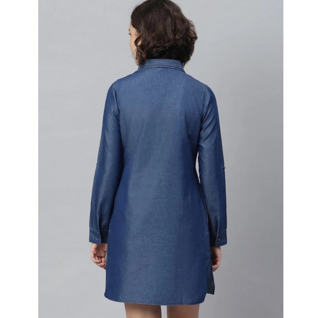 Women's Denim Solid Long Sleeves Above Knee Dress (Navy Blue)