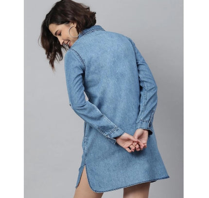 Women's Denim Solid Long Sleeves Above Knee Dress (Ice Blue)