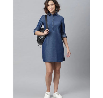 Women's Denim Solid Long Sleeves Above Knee Dress (Navy Blue)