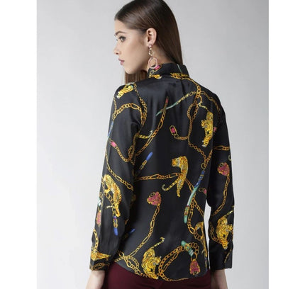 Women's Satin Printed Long Sleeves Standard Length Shirt (Black - Gold)