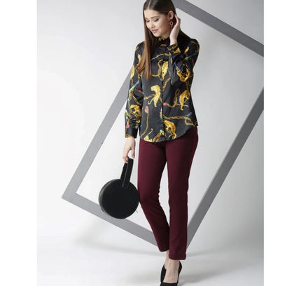 Women's Satin Printed Long Sleeves Standard Length Shirt (Black - Gold)