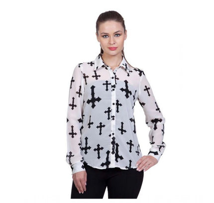 Women's Polyester Printed Long Sleeves Standard Length Shirt (White)