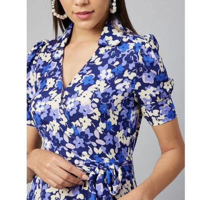 Women's Polyester Floral Short Sleeve Above Knee Dress (Blue - Purple)