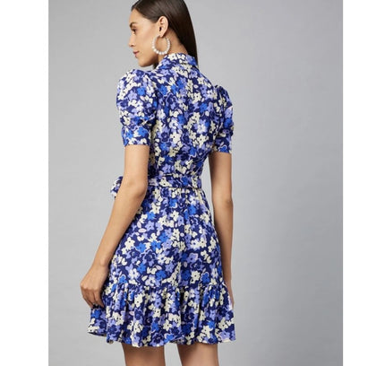 Women's Polyester Floral Short Sleeve Above Knee Dress (Blue - Purple)