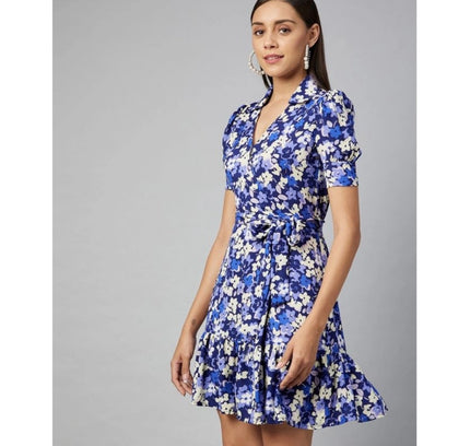 Women's Polyester Floral Short Sleeve Above Knee Dress (Blue - Purple)