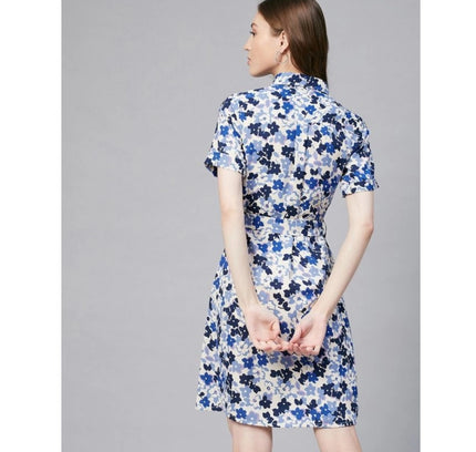 Women's Polyester Floral Short Sleeve Above Knee Dress (Blue - White)