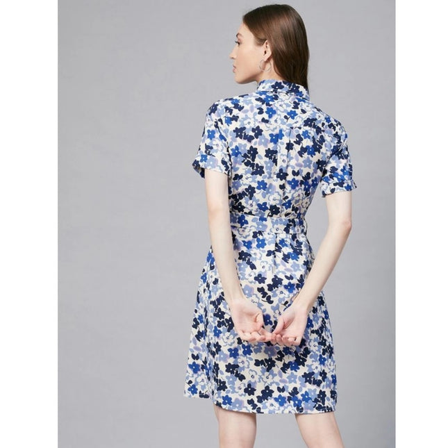 Women's Polyester Floral Short Sleeve Above Knee Dress (Blue - White)