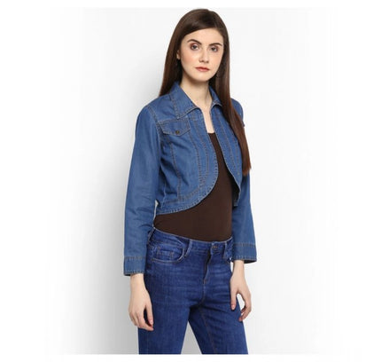 Women's Denim Solid 3-4th Sleeves Shrug (Blue)