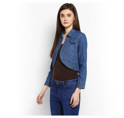 Women's Denim Solid 3-4th Sleeves Shrug (Blue)