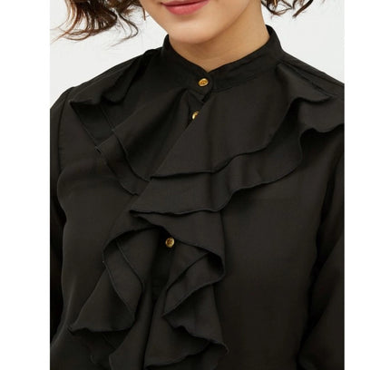 Women's Polyester Ruffled Long Sleeves Standard Length Shirt (Black)
