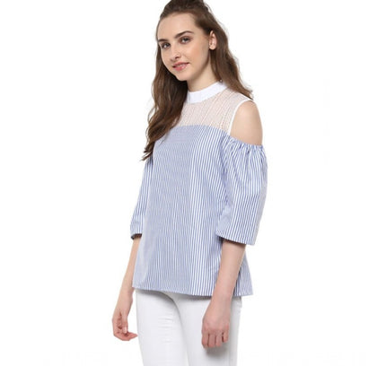 Women's Cotton Striped Cold Shoulder Top (Blue)