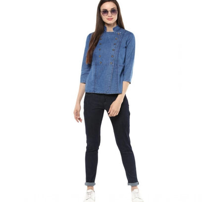 Women's Denim Solid 3-4th Sleeves Regular Top (Blue)