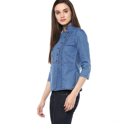 Women's Denim Solid 3-4th Sleeves Regular Top (Blue)