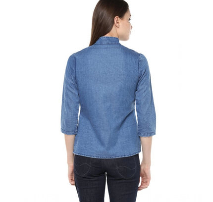 Women's Denim Solid 3-4th Sleeves Regular Top (Blue)