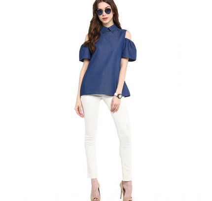 Women's Denim Solid Cold Shoulder Regular Top (Blue)
