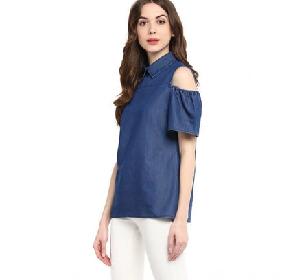Women's Denim Solid Cold Shoulder Regular Top (Blue)