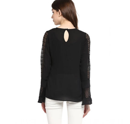 Women's Polyester Georgette Self Design Bell Sleeve Regular Top (Black)