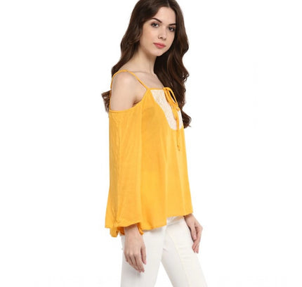 Women's Rayon Embellished Cold Shoulder Regular Top (Mustard Yellow)