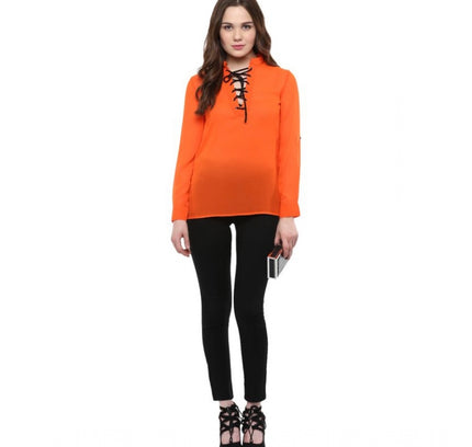 Women's Polyester Solid Long Sleeves Regular Top (Orange)