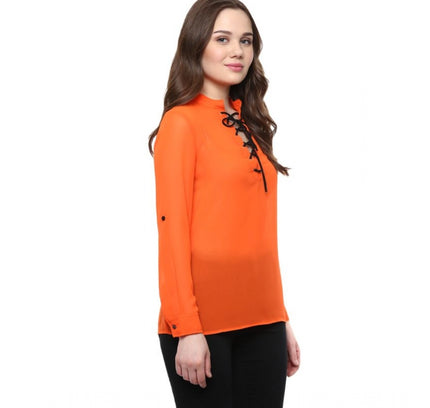 Women's Polyester Solid Long Sleeves Regular Top (Orange)