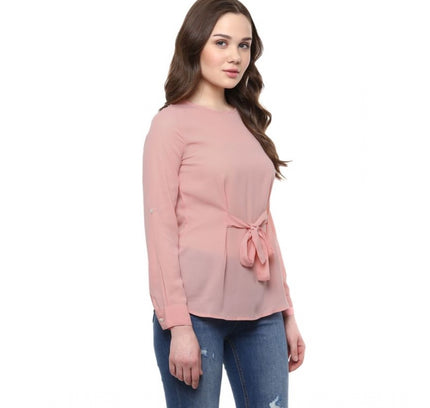 Women's Polyester Solid Long Sleeves Regular Top (Pink)