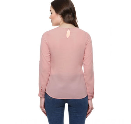Women's Polyester Solid Long Sleeves Regular Top (Pink)