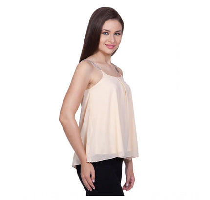 Women's Polyester Solid Shoulder Straps Regular Top (Beige)
