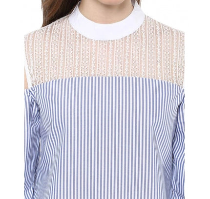 Women's Cotton Striped Cold Shoulder Top (Blue)