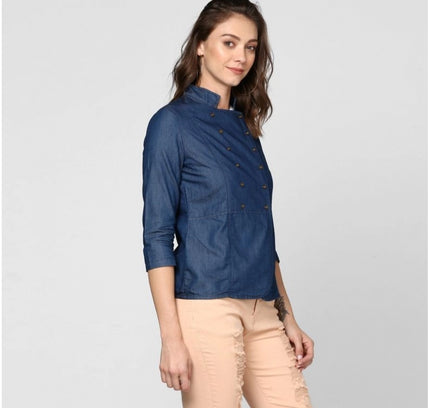 Women's Denim Solid 3-4th Sleeves Top (Blue)