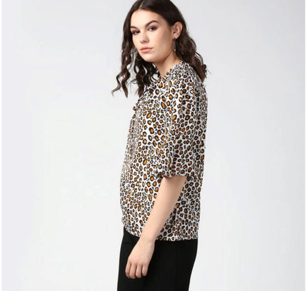 Women's Polyester Animal Print Bell Sleeve Top (Orange - Black)
