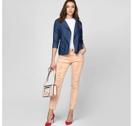 Women's Denim Solid 3-4th Sleeves Top (Blue)