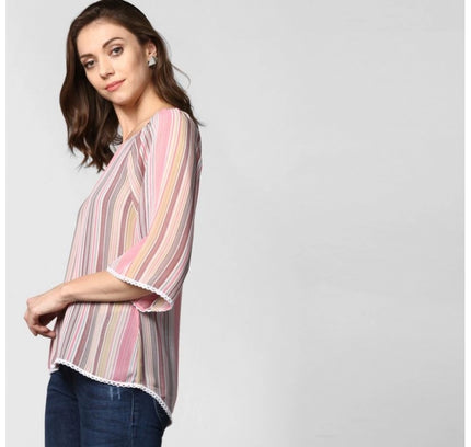 Women's Polyester Striped 3-4th Sleeves Top (Pink)