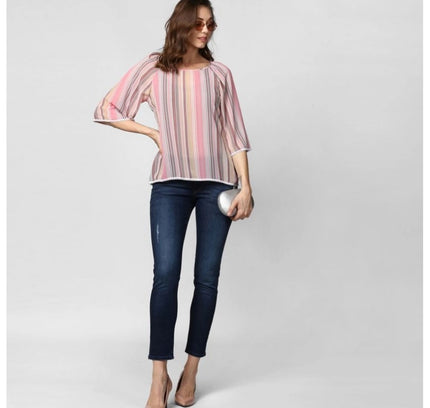 Women's Polyester Striped 3-4th Sleeves Top (Pink)