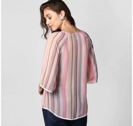 Women's Polyester Striped 3-4th Sleeves Top (Pink)