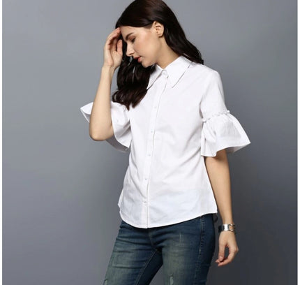 Women's Cotton Solid Bell Sleeve Top (White)
