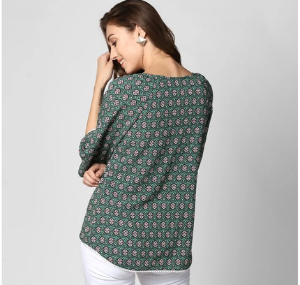 Women's Polyester Printed 3-4th Sleeves Top (Green)