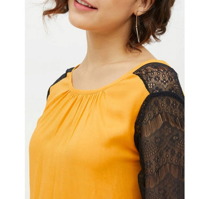 Women's Rayon Lace Inserts Long Sleeves Top (Yellow)