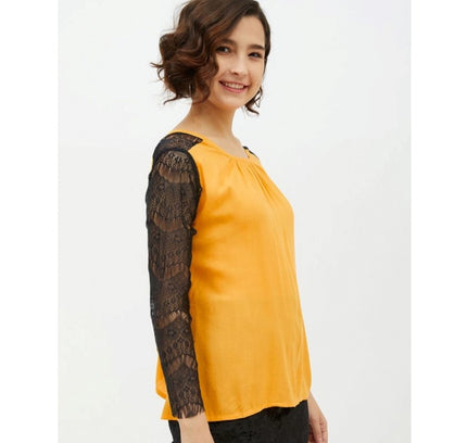 Women's Rayon Lace Inserts Long Sleeves Top (Yellow)