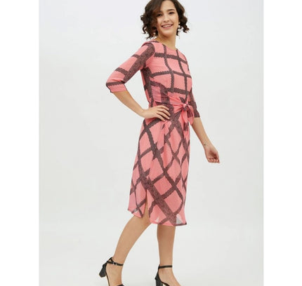 Women's Polyester Checkered 3-4th Sleeves Below Knee Dress (Pink)