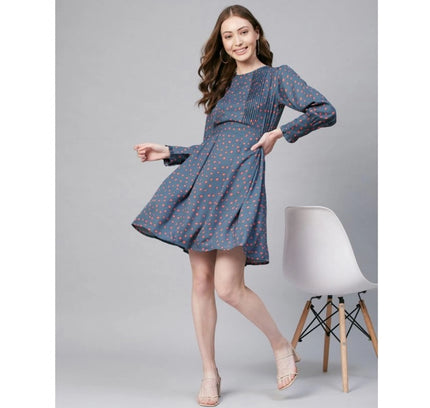Women's Polyester Polka Long Sleeves Above Knee Dress (Grey - Coral)