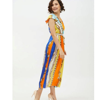 Women's Satin Chain Print Cap Sleeve Calf-length Dress (Multicolor)