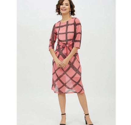 Women's Polyester Checkered 3-4th Sleeves Below Knee Dress (Pink)