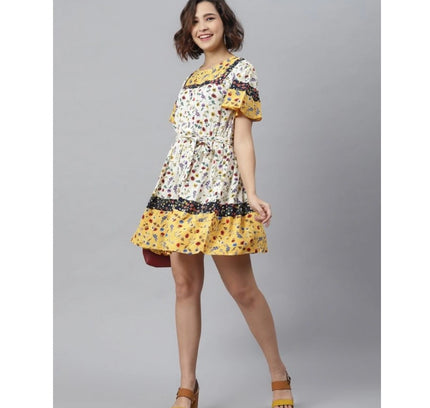 Women's Polyester Floral Flutter Above Knee Dress (Multicolor)