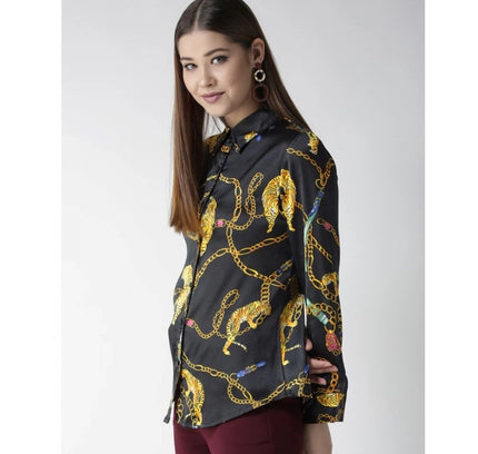 Women's Satin Printed Long Sleeves Standard Length Shirt (Black - Gold)