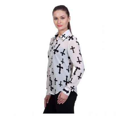 Women's Polyester Printed Long Sleeves Standard Length Shirt (White)