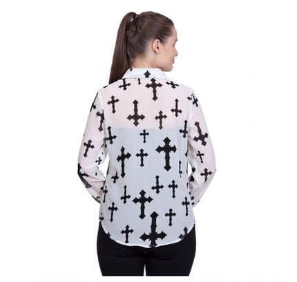 Women's Polyester Printed Long Sleeves Standard Length Shirt (White)