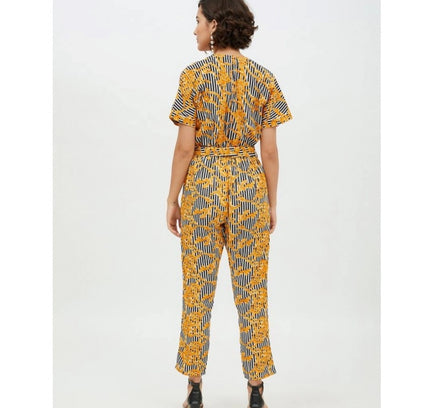 Women's Polyester Printed Half Sleeve Long Jumpsuit (Yellow)